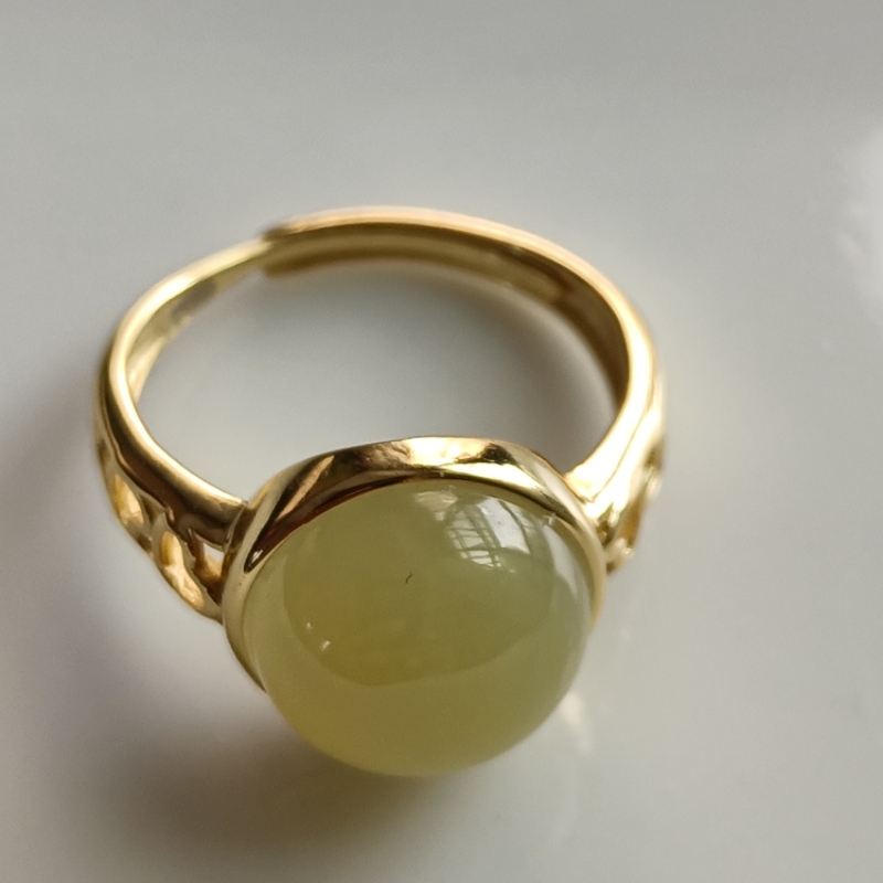 新疆若羌老坑黄口料戒指S925银镀18K金和田玉鸡油黄活口素圈戒圈