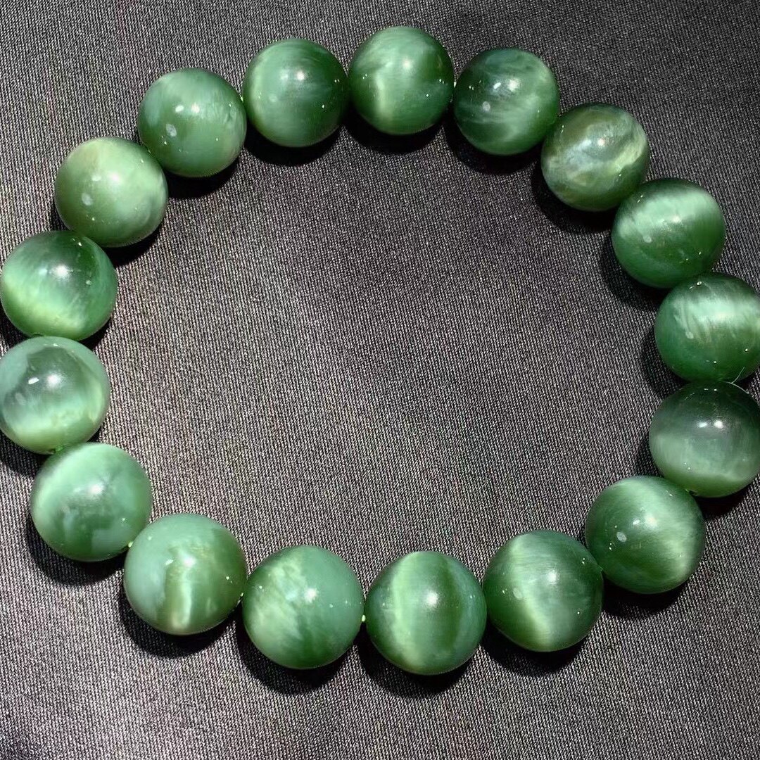 新货纯天然俄料和田玉菠菜绿碧玉黑猫眼手串手链12mm男女款带证书