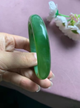 高货精品天然俄料和田玉碧玉冰底阳绿色猫眼手镯玉镯60圈口带证书