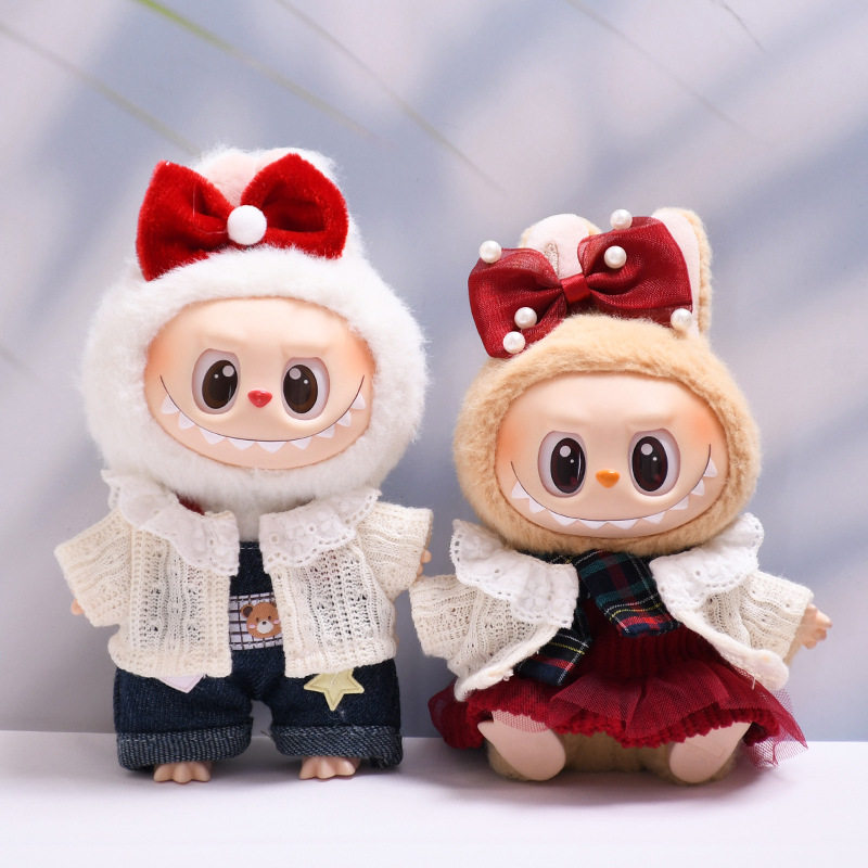 一二代17cm挂件labubu衣服毛线开衫红裙子套装拉布布娃衣着替