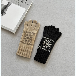 款 女士 电脑提花 男士 针织保暖五指手套 100%山羊绒 自用经典