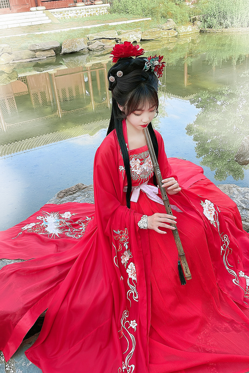 现货赭颜汉服丹歌如梦唐制诃子裙重工绣花大袖杉牡丹刺绣红色绿色