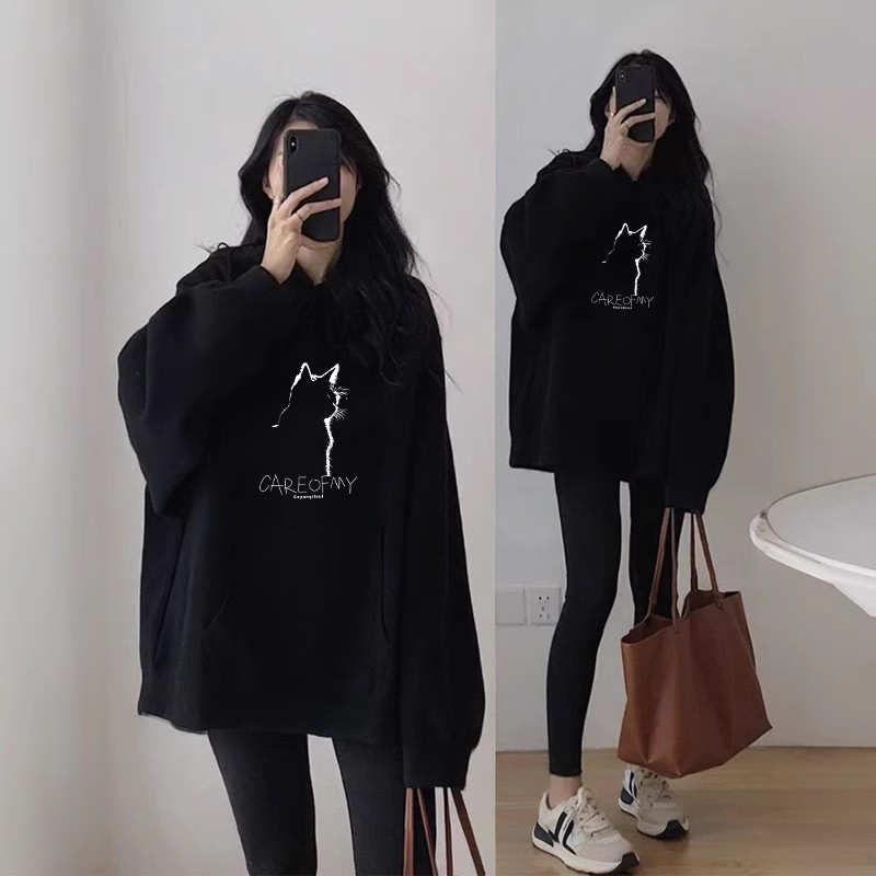 黑色加绒连帽卫衣女宽松加厚帽衫