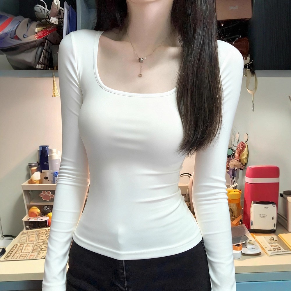 辣妹白色正肩U领打底衫长袖t恤