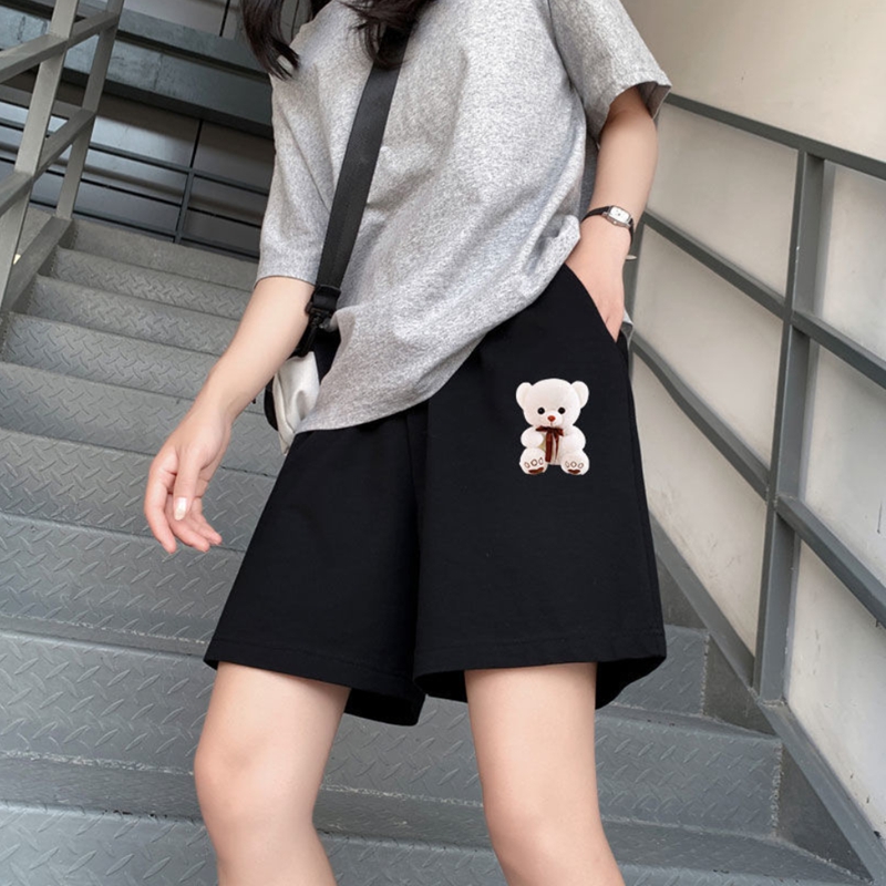 港味黑色印花五分阔腿裤高腰夏季