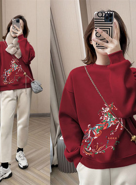 红色连帽加绒卫衣女本命年衣服