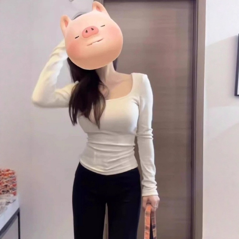 法式锁骨方领长袖T恤女