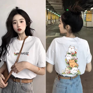 上衣夏季 卡通可爱风猫咪印花短袖 T恤女白色宽松韩版