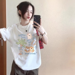 宽松韩版 棉质圆领白色短袖 夏季 爆款 慵懒风上衣体恤 t恤女2026新款