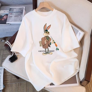 白色2026宽松设计感体恤上衣 新款 棉质卡通兔子印花短袖 t恤女夏季