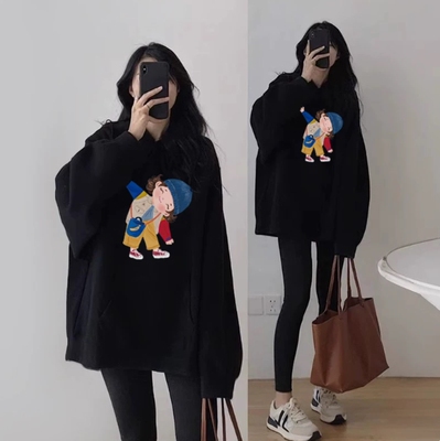 黑色连帽加绒加厚卫衣女秋冬减龄