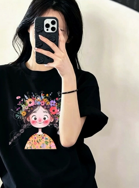 卡通女孩图案黑色短袖t恤女2026新款韩版宽松棉质ins百搭女生上衣
