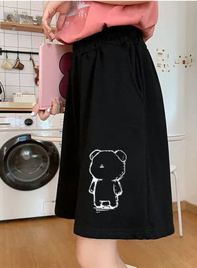 运动短裤女夏季宽松直筒显瘦休闲ins潮港味阔腿中裤5黑色五分裤子