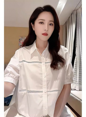 曾黎同款白色短袖镂空衬衫女装2024新款夏季气质设计感漂亮小衫