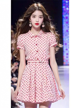 茶歇法式红色波点衬衫连衣裙气质穿搭海边度假裙子2024夏季新款
