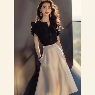 60017 衬衫 高端精致气质女神范小香风黑色缎面小飞袖 夏季