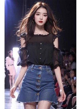 黑色露肩雪纺短袖衬衫女2024夏季新款漂亮小衫设计感法式衬衣女
