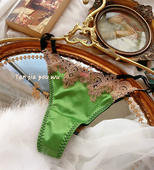 复古绸缎拼蕾丝 女 丁字裤 高贵宝石绿性感女人味 外单T裤