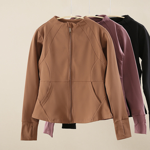 秋冬加绒瑜伽外套女长袖大码修身显瘦速干衣户外运动立领健身上衣