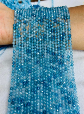 浅蓝色锆石圆珠刻面DIY半成品，长38cm左右2-3-4毫米