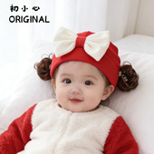 新年红色婴儿蝴蝶结套头帽婴幼儿加厚保暖胎帽女宝宝可爱假发帽子