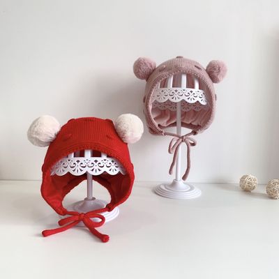 宝宝帽子冬季韩版卡通ins双球护耳帽针织婴童毛线帽婴儿胎帽超萌