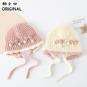 婴儿帽子秋冬季男女宝宝针织帽婴幼儿可爱蝴蝶结毛线帽保暖护耳帽