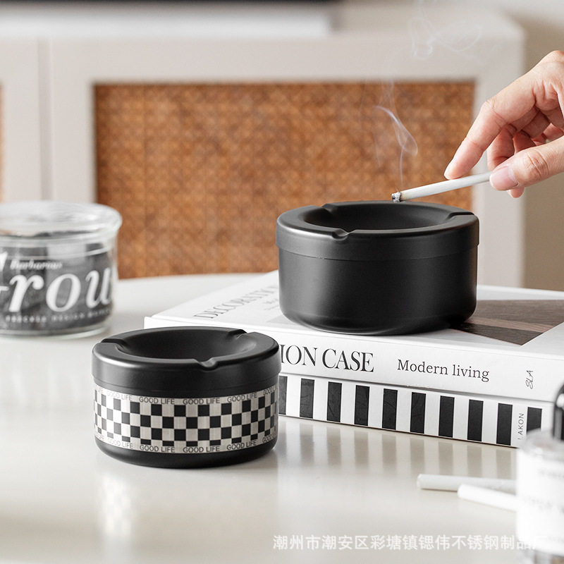 锶伟SIWEI欧式带盖加厚不锈钢烟灰缸创意款复古风家居商用可logo