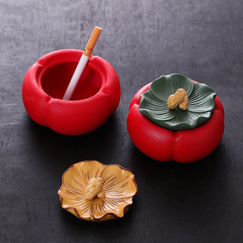 柿子烟灰缸创意陶瓷轻奢风好柿花生个性带盖防风防飞家用客厅摆件