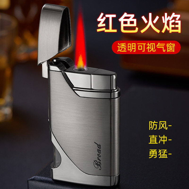 厂家金属防风直冲红火焰打火机按压打火气体可视气窗广告礼品