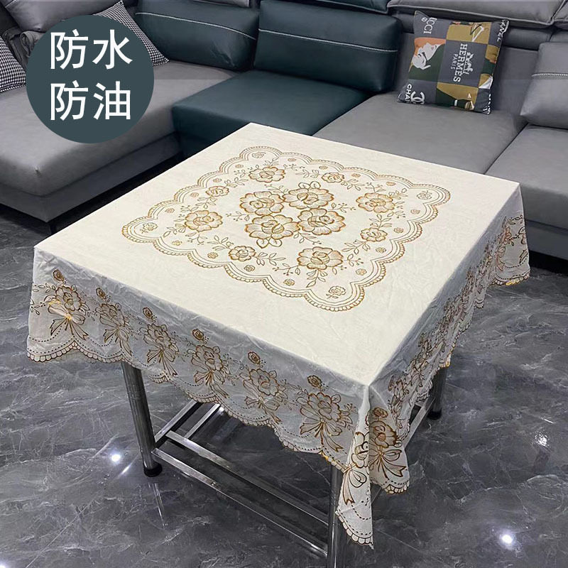 PVC正方形桌布烫金蕾丝塑料餐桌盖布防水防油防烫免洗八仙桌台布