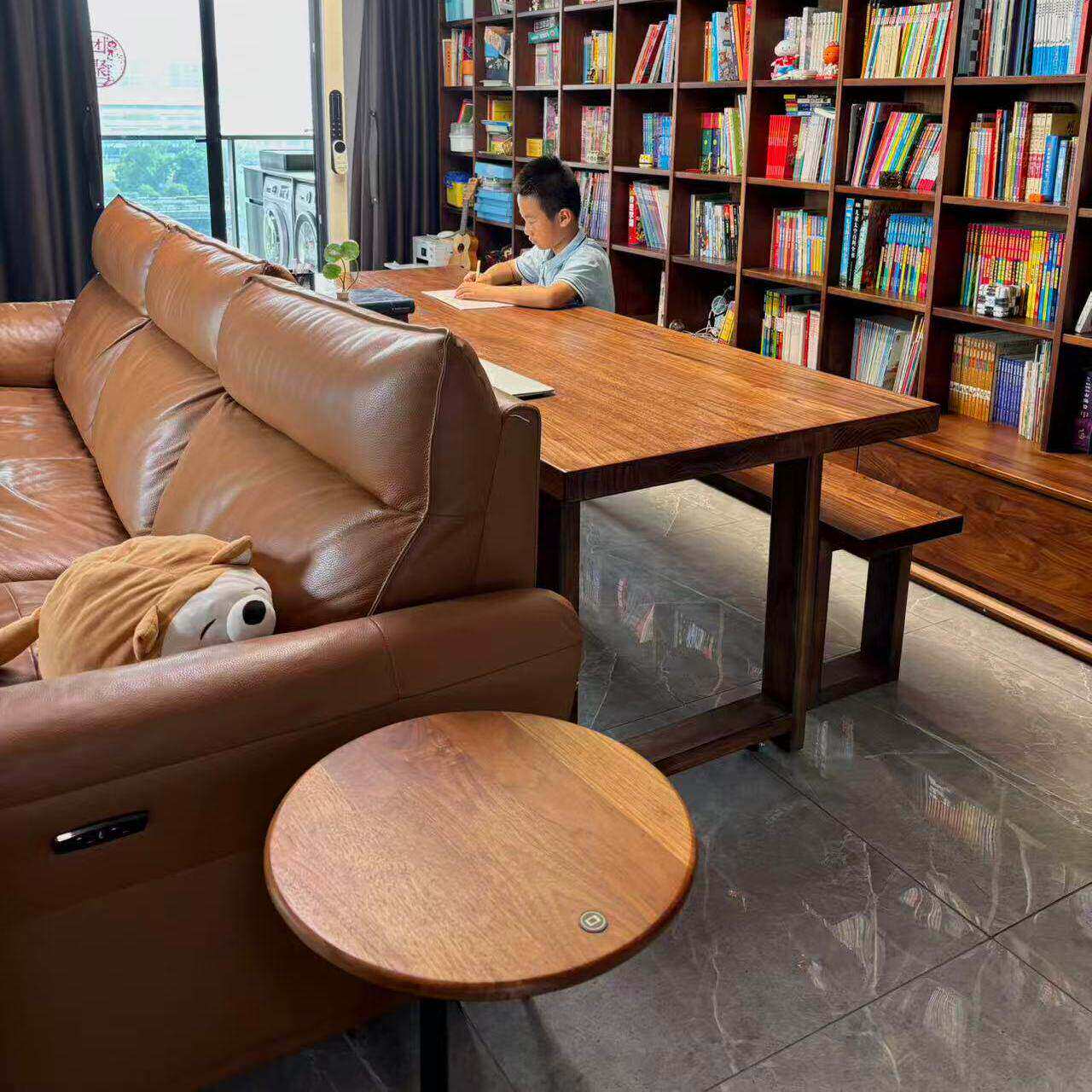 榆木客厅沙发后移动大板桌带滑轮长条桌实木书桌复古风阅读学习桌