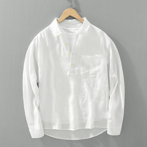 Retro Long-sleeved Linen Shirt Men Summer Loose Pullover Top