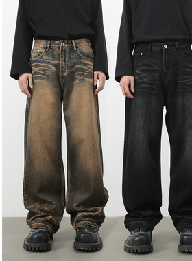 men baggy jeans man pants malenirn牛仔 美式高街抓纹设计直筒