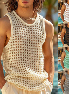 men tank top vest欧美镂空健身运动无袖t恤肌肉男士网眼性感针织