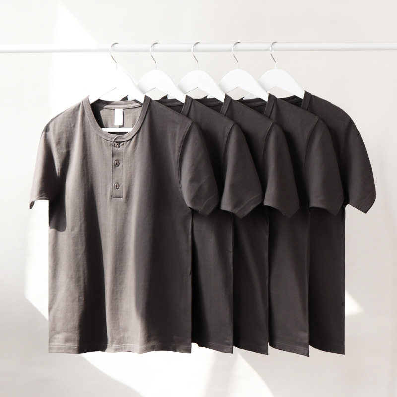 Men Cotton tShirt 250g重磅深灰色精梳纯棉短袖亨利领男士T恤