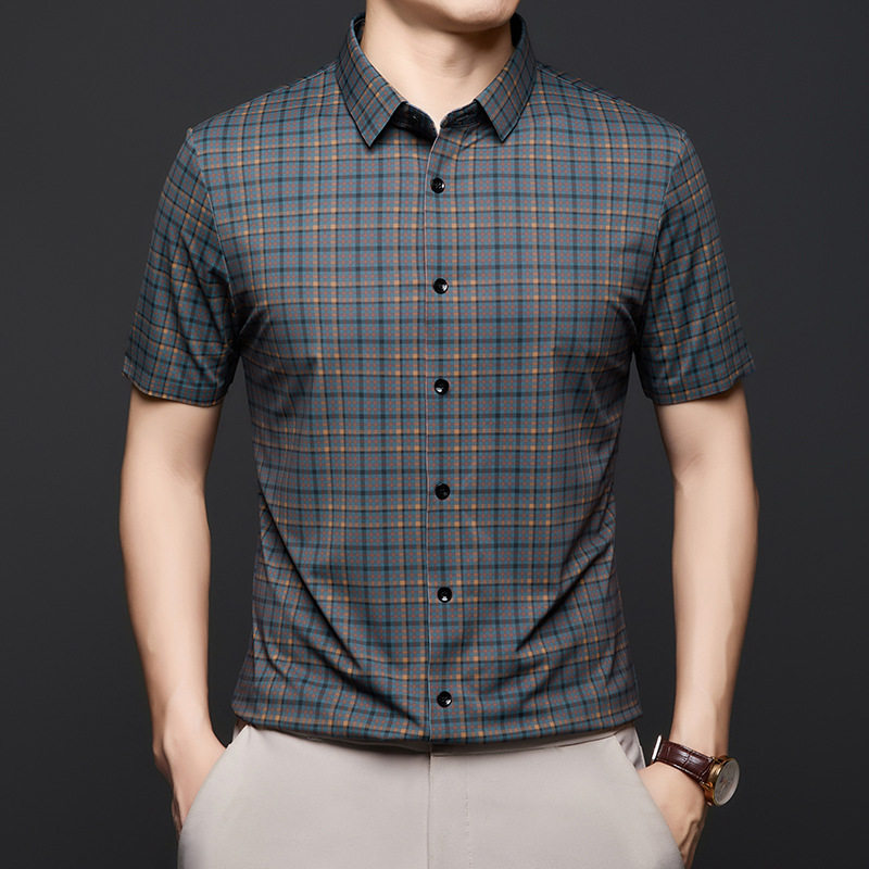 men's short sleeve shirts无痕冰丝格子短袖衬衫男士新款简约