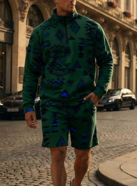 men's hoodie tops shorts新款立领长袖图案加厚半拉链卫衣短裤男