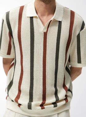 men's t-shirt男装 欧美风粗针镂空针织衫 条纹撞色毛织休闲polo