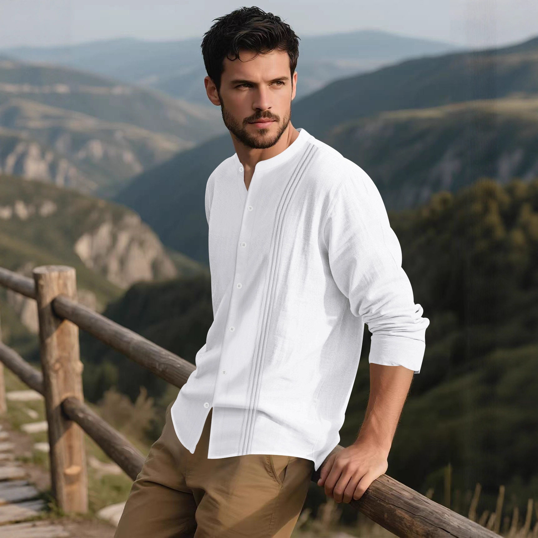 men shirt Man summer欧美新款针织休闲时尚纹理沙滩长袖系扣衬衫