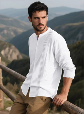 men shirt Man summer欧美新款针织休闲时尚纹理沙滩长袖系扣衬衫