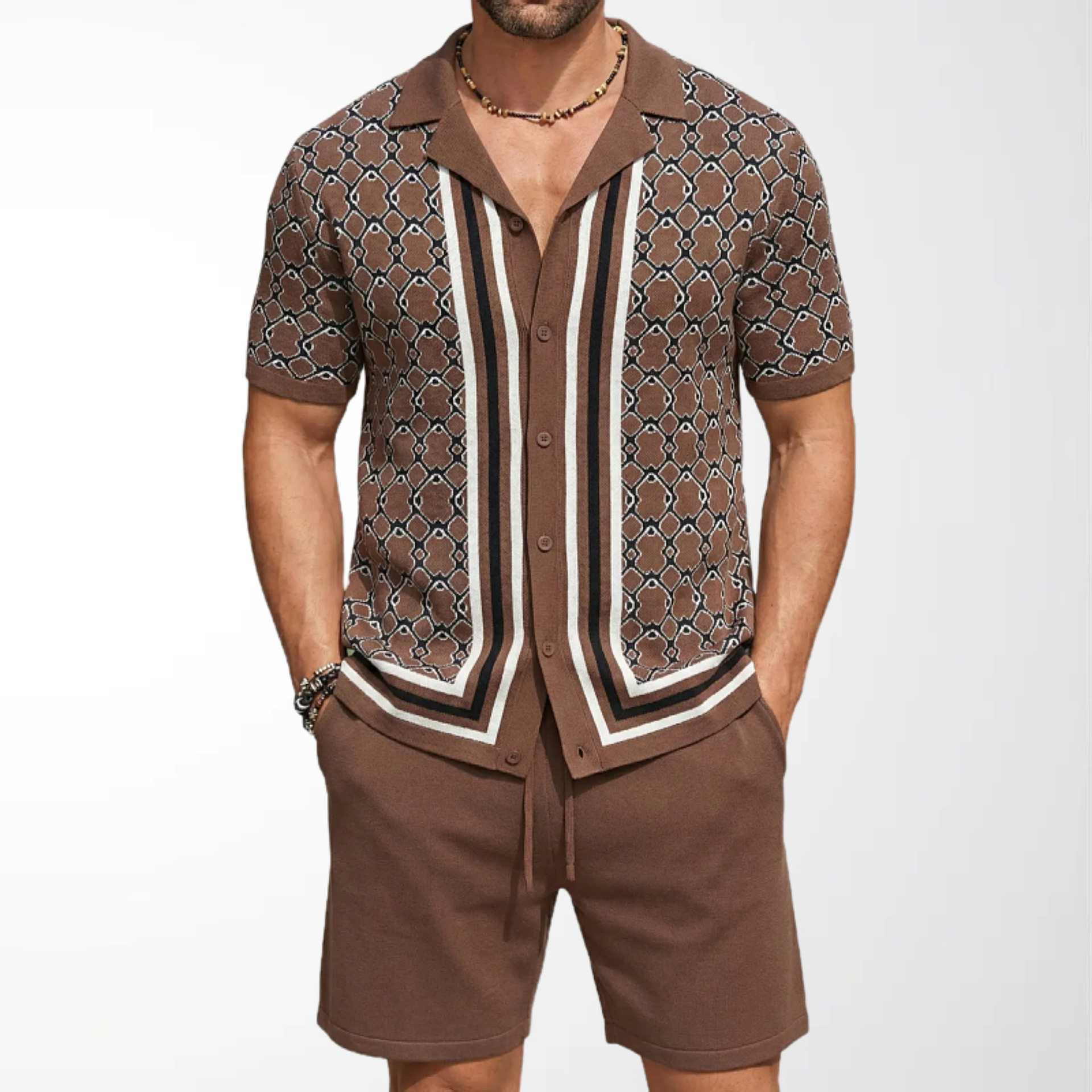 men shirt t-shirt+shorts欧美提花针织衫男士短袖古巴领针织短裤