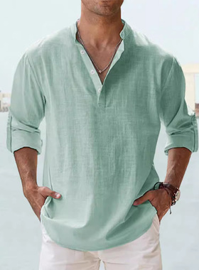 streetwear men shirts long sleeve henley cotton linen shirts