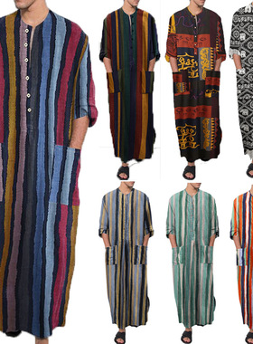 Mens Muslim Long Sleeve Striped Robes Islamic Arabian Kaftan