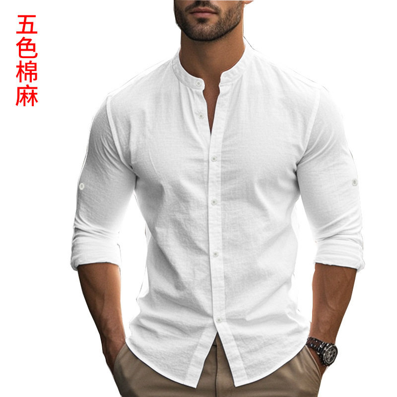 men shirts man shirt男士男装欧美长袖立领大码修身休闲棉衬衫