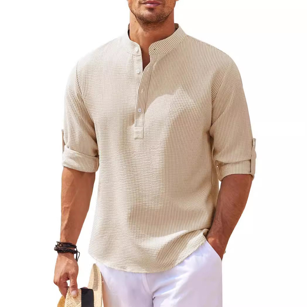 men shirts man shirt欧美男装长袖衬衫立领半开扣衫菠萝格纹衬衫
