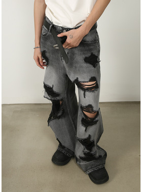 men baggy jeans man pantsnirn牛仔破洞阔腿牛仔裤男新款直筒