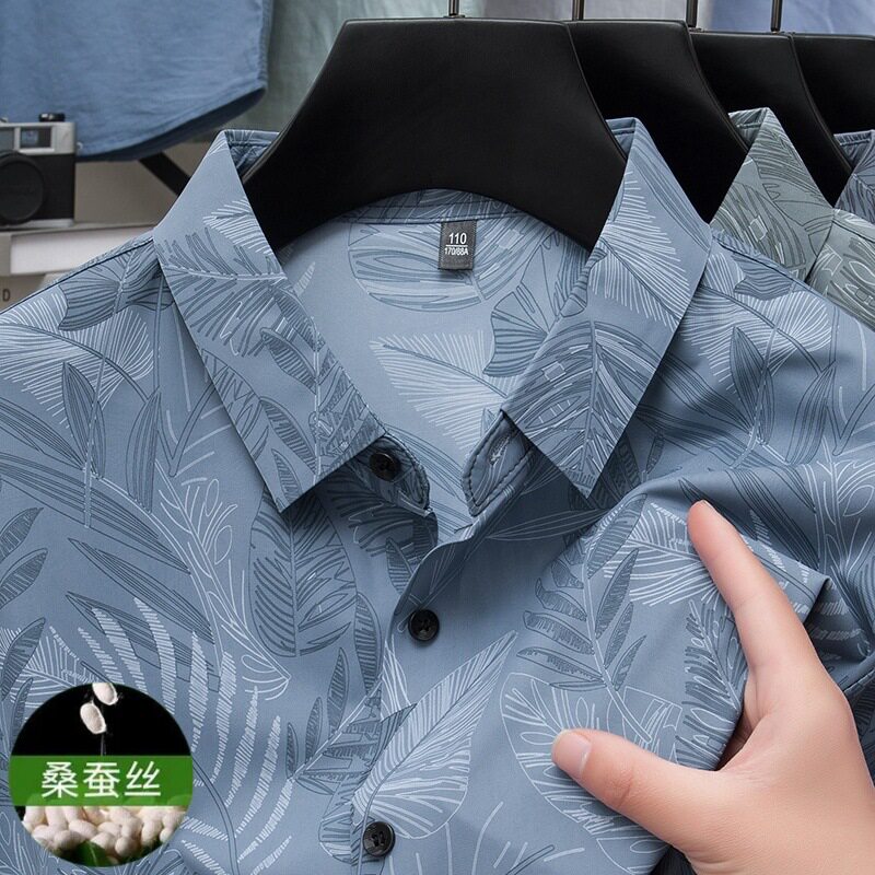 men's short sleeve shirts桑蚕丝短袖衬衫男士商务休闲花纹衬衣