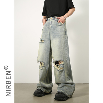 men baggy jeans man pants malenirn牛仔  韩版破洞牛仔裤男水洗