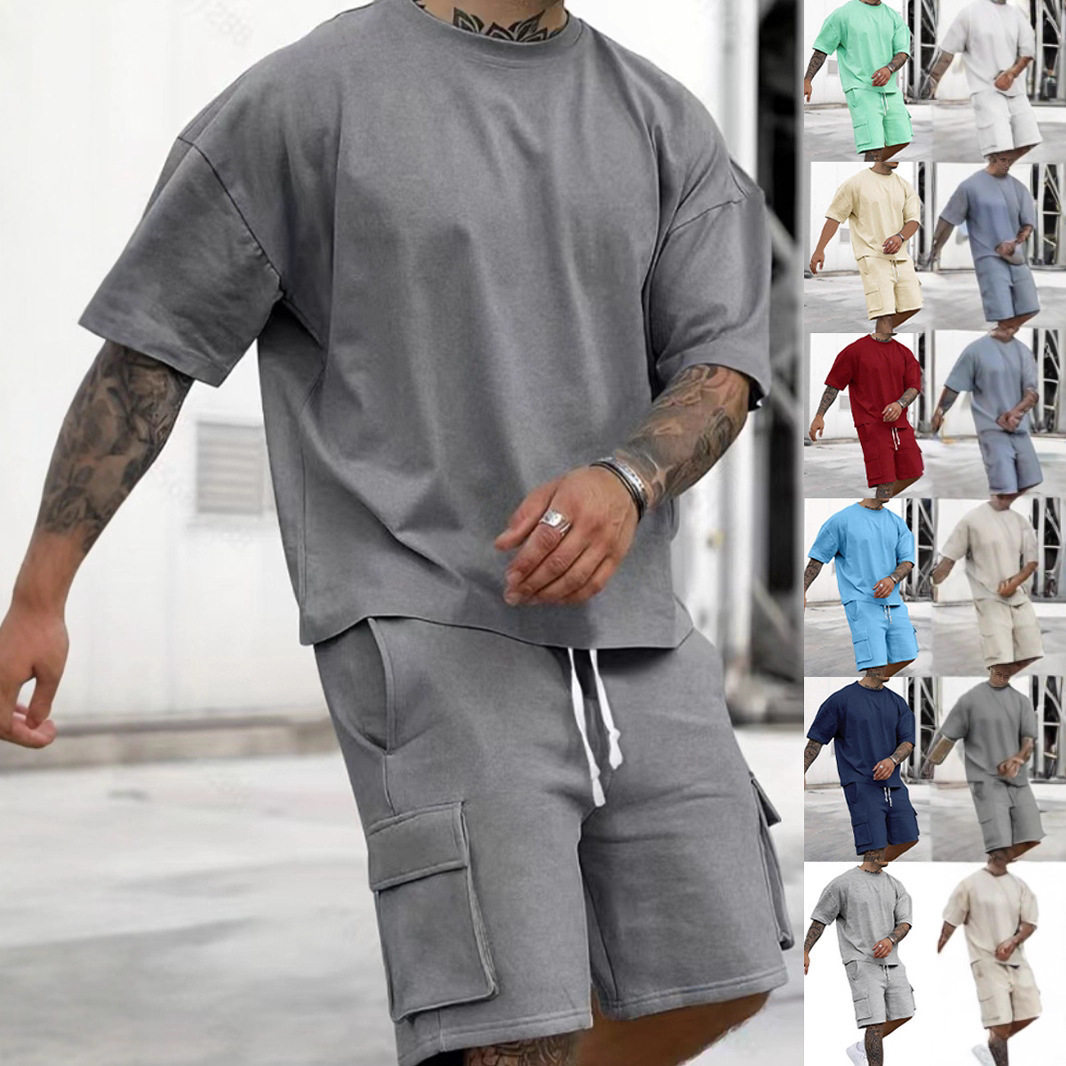 Stylish T-shirt and Utility Shorts Solid Color Set Mens Suit